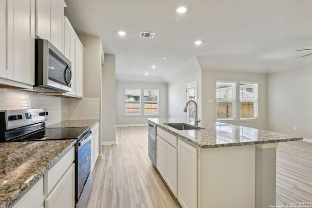 11515 Cottage Pt, San Antonio, TX 78254 - kitchen with stainless steel appliances, a sink, baseboards, light wood-style floors, and recessed lighting