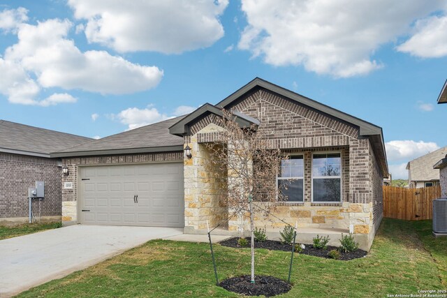 11515 Cottage Pt, San Antonio, TX 78254 - single story home with driveway, brick siding, an attached garage, and stone siding