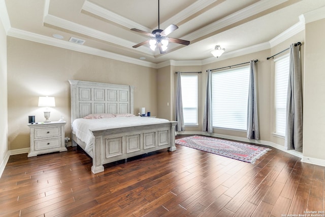 714 Ruidosa Downs, Helotes, TX 78023 - bedroom with a tray ceiling, dark wood-style floors, crown molding, baseboards, and ceiling fan