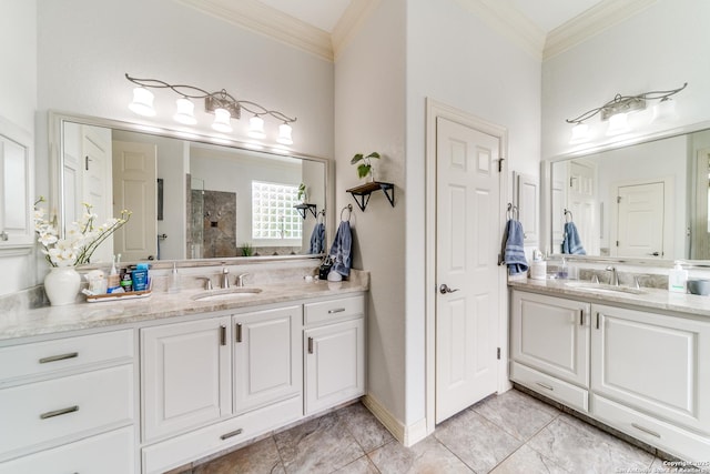 714 Ruidosa Downs, Helotes, TX 78023 - bathroom with two vanities, tiled shower, ornamental molding, and tile patterned floors