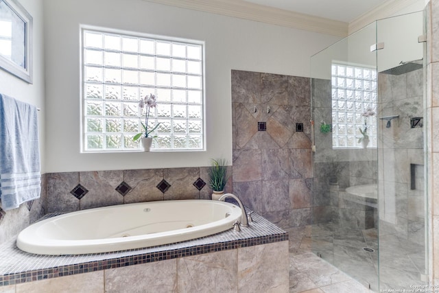 714 Ruidosa Downs, Helotes, TX 78023 - bathroom with crown molding, a walk in shower, a whirlpool tub, and plenty of natural light