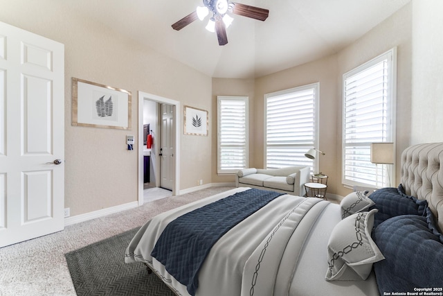 714 Ruidosa Downs, Helotes, TX 78023 - bedroom featuring carpet flooring, multiple windows, baseboards, and ceiling fan