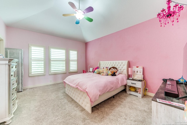 714 Ruidosa Downs, Helotes, TX 78023 - bedroom featuring light colored carpet, vaulted ceiling, baseboards, and a ceiling fan
