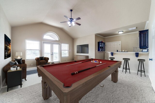 714 Ruidosa Downs, Helotes, TX 78023 - recreation room with light carpet, billiards table, a ceiling fan, lofted ceiling, and baseboards