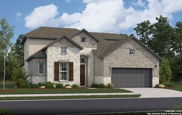 157 Rosanna Rdg, Universal City, TX 78148 - french country style house featuring stone siding, driveway, a garage, and roof with shingles