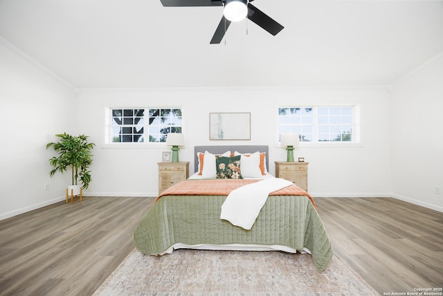 15031 Geronimo, San Antonio, TX 78254 - bedroom featuring crown molding, wood finished floors, baseboards, and ceiling fan