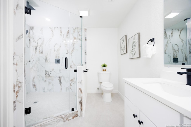 15031 Geronimo, San Antonio, TX 78254 - bathroom with a marble finish shower, toilet, vanity, baseboards, and tile patterned floors