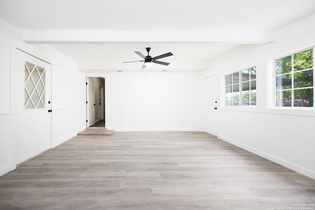 15031 Geronimo, San Antonio, TX 78254 - empty room featuring beamed ceiling, wood finished floors, ceiling fan, and baseboards