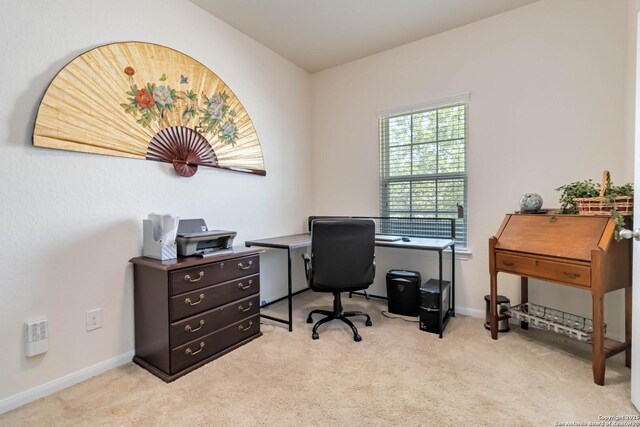 carpeted office featuring baseboards