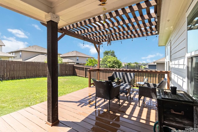 wooden deck featuring a pergola, outdoor dining area, and a residential view