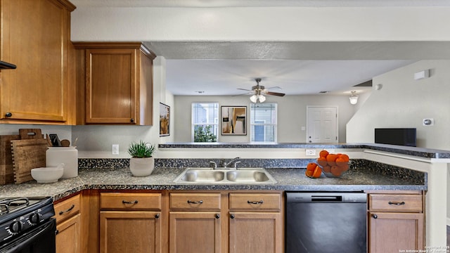 220 Trestle Tree Unit 112, San Marcos, TX 78666 - kitchen featuring black dishwasher, a sink, a ceiling fan, dark countertops, and brown cabinets