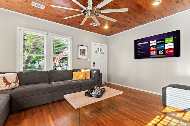 living area with wooden ceiling, a ceiling fan, wood finished floors, baseboards, and recessed lighting