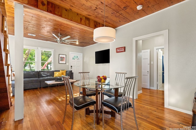 dining space with wooden ceiling, hardwood / wood-style flooring, a ceiling fan, and baseboards