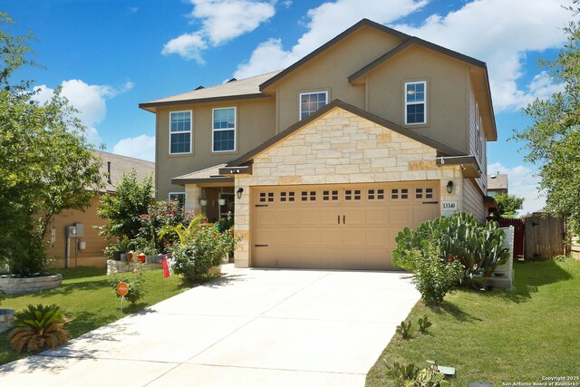 13340 Hackney Pony, San Antonio, TX 78254 - view of front facade with stucco siding, a garage, concrete driveway, and stone siding
