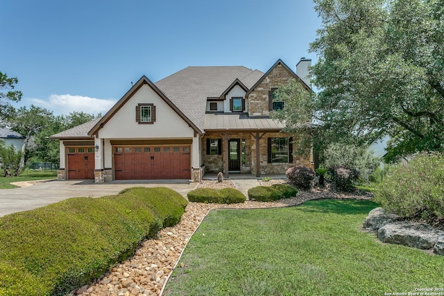 8826 Falcon Pl, San Antonio, TX 78256 - view of front of home with a porch, a front yard, driveway, and stone siding
