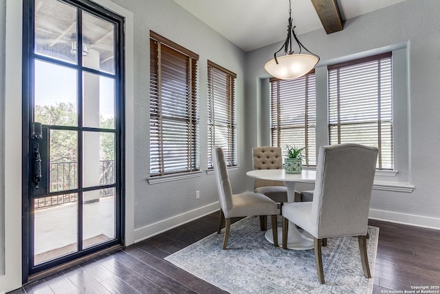 8826 Falcon Pl, San Antonio, TX 78256 - dining room featuring dark wood finished floors, baseboards, beam ceiling, and a textured wall