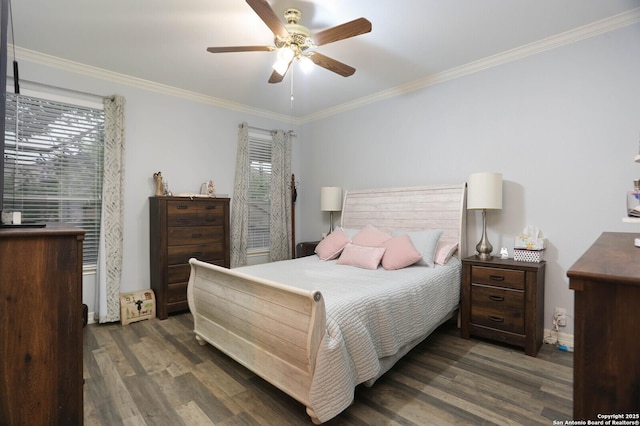 bedroom with wood finished floors, ornamental molding, multiple windows, and a ceiling fan