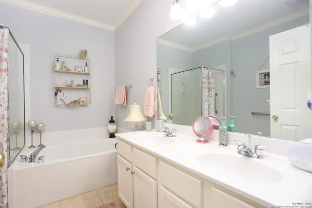 bathroom featuring a shower stall, a garden tub, ornamental molding, double vanity, and tile patterned flooring