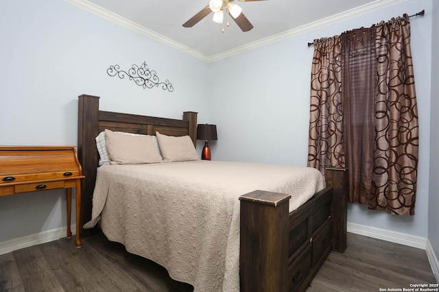 bedroom with dark wood-style floors, baseboards, crown molding, and ceiling fan