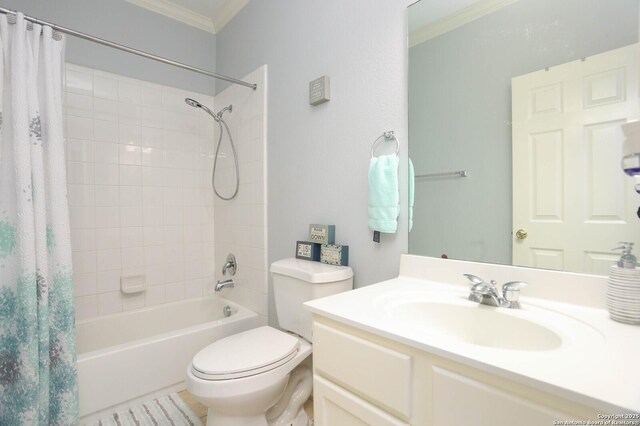 full bath featuring ornamental molding, toilet, shower / tub combo, and vanity