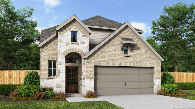 343 Balaton Lk, New Braunfels, TX 78130 - view of front of house with driveway, fence, stone siding, a garage, and roof with shingles