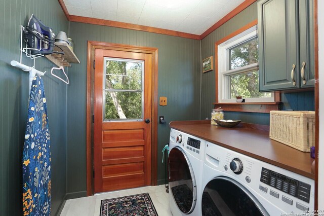 6160 Fm 2538, Marion, TX 78124 - washroom featuring cabinet space, washer and clothes dryer, crown molding, and wood walls