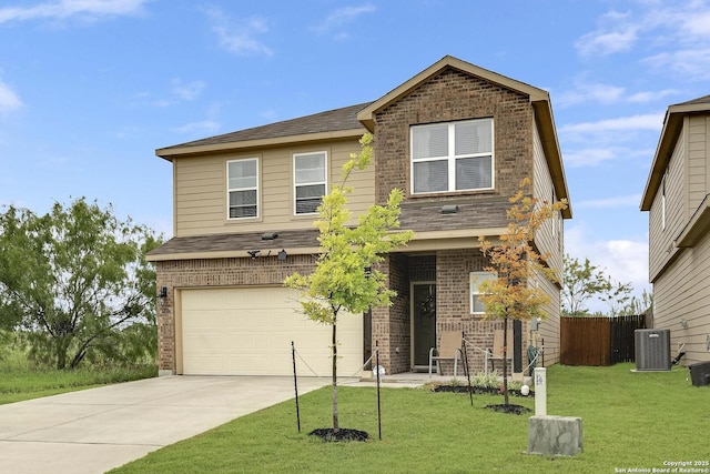 6039 Olson Blfs, San Antonio, TX 78252 - view of front of house with a garage, brick siding, concrete driveway, cooling unit, and roof with shingles