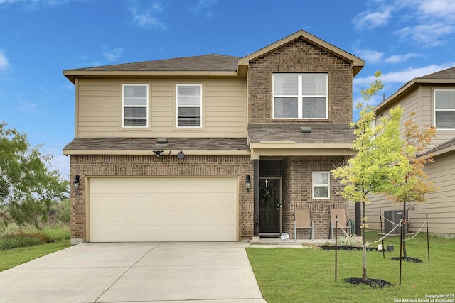 6039 Olson Blfs, San Antonio, TX 78252 - view of front of property with brick siding, driveway, an attached garage, and a front yard