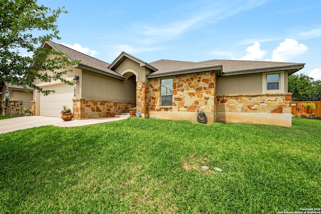 view of front facade with stone siding, driveway, a garage, stucco siding, and roof with shingles
