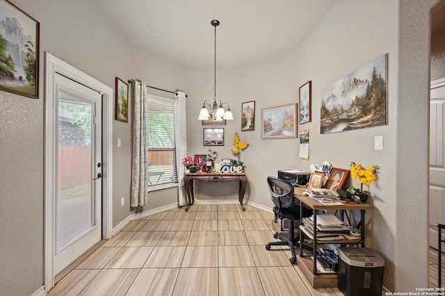 8707 Kallison Arbor, San Antonio, TX 78254 - home office with light tile patterned floors, a chandelier, and baseboards