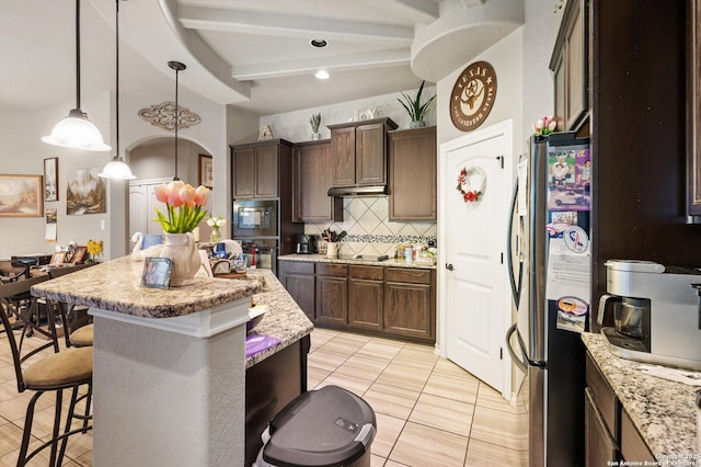 8707 Kallison Arbor, San Antonio, TX 78254 - kitchen featuring black appliances, a breakfast bar, backsplash, beamed ceiling, and light tile patterned floors