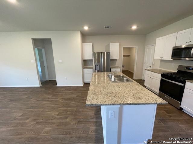 kitchen featuring stainless steel appliances, a sink, baseboards, dark wood finished floors, and recessed lighting
