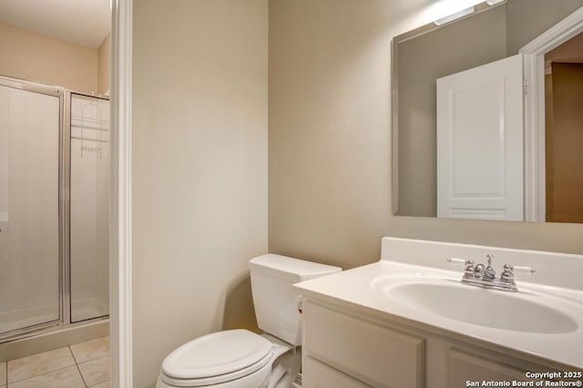 full bath with a shower stall, toilet, tile patterned flooring, and vanity