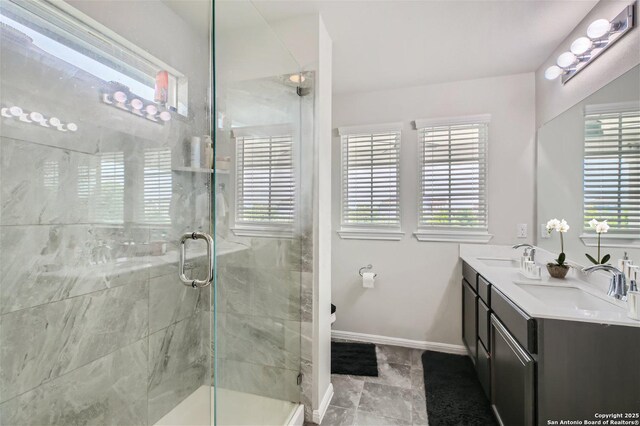 1109 Esplanade Pkwy, San Marcos, TX 78666 - full bath with plenty of natural light, baseboards, double vanity, and a stall shower