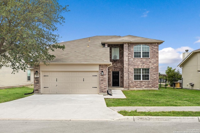 3727 Columbia, Cibolo, TX 78108 - view of front facade with concrete driveway, a garage, brick siding, a front yard, and roof with shingles