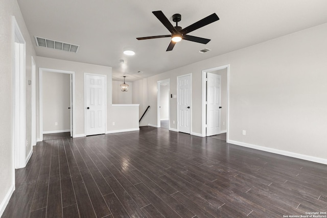 3727 Columbia, Cibolo, TX 78108 - unfurnished living room featuring dark wood-style floors, baseboards, and ceiling fan