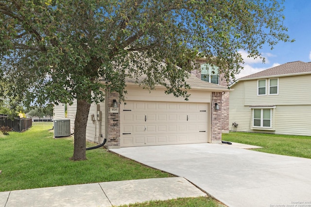 3727 Columbia, Cibolo, TX 78108 - obstructed view of property with central AC, brick siding, concrete driveway, and a front lawn