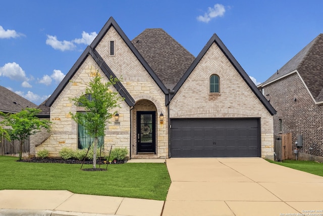 14074 May Mist, San Antonio, TX 78253 - french provincial home with stone siding, a garage, driveway, brick siding, and roof with shingles