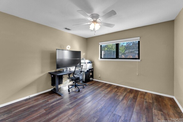 office with wood finished floors, ceiling fan, and baseboards