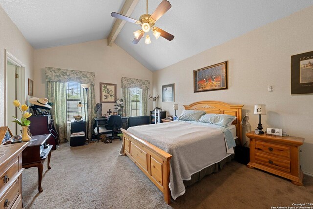239 Old Oaks, Kerrville, TX 78028 - bedroom featuring light colored carpet, beam ceiling, ceiling fan, and high vaulted ceiling