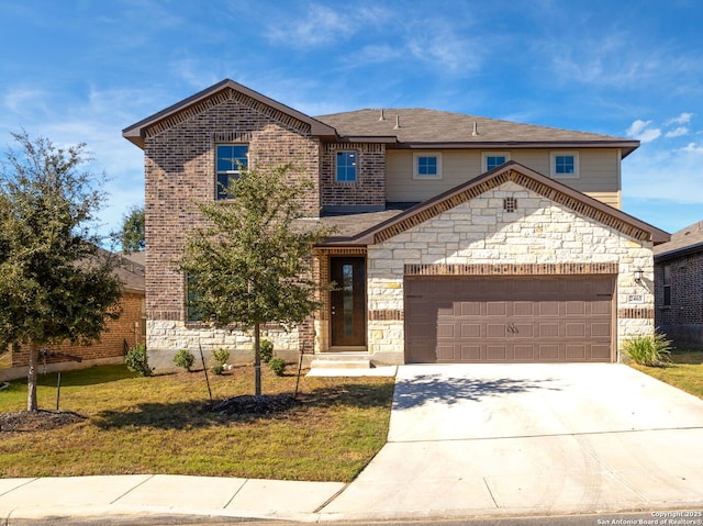 2465 Pennilynn, San Antonio, TX 78253 - traditional-style home with a garage, a front lawn, concrete driveway, and brick siding