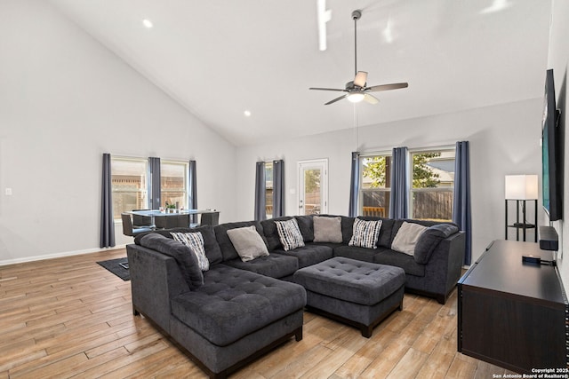 2465 Pennilynn, San Antonio, TX 78253 - living room with high vaulted ceiling, light wood-style flooring, a ceiling fan, recessed lighting, and baseboards