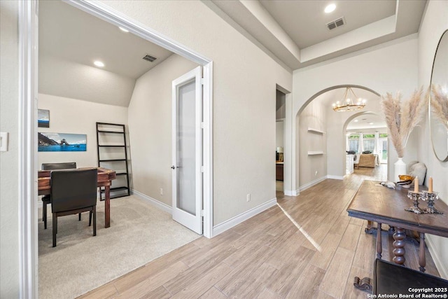 14327 Running Wolf, San Antonio, TX 78245 - home office with arched walkways, light wood-type flooring, a chandelier, baseboards, and recessed lighting