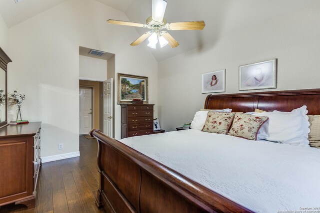 9347 Llano Verde, Helotes, TX 78023 - bedroom with dark wood-type flooring, high vaulted ceiling, baseboards, and ceiling fan