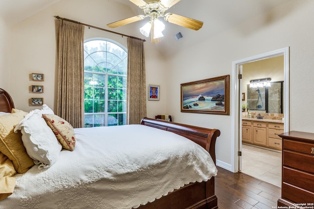 9347 Llano Verde, Helotes, TX 78023 - bedroom featuring vaulted ceiling, hardwood / wood-style flooring, ensuite bathroom, and a ceiling fan