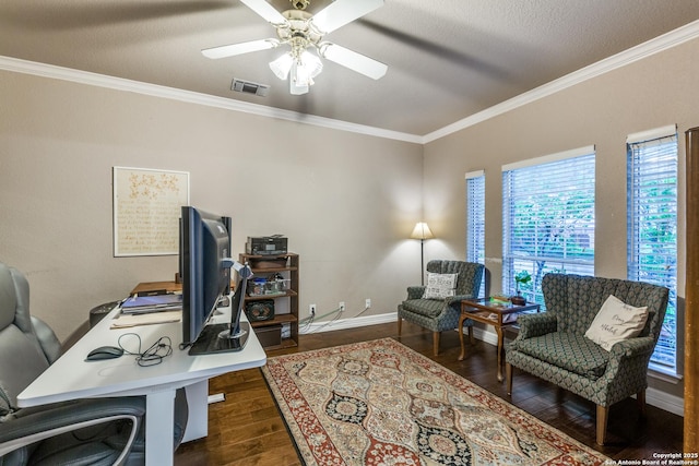 9347 Llano Verde, Helotes, TX 78023 - home office with wood finished floors, ornamental molding, a ceiling fan, and baseboards