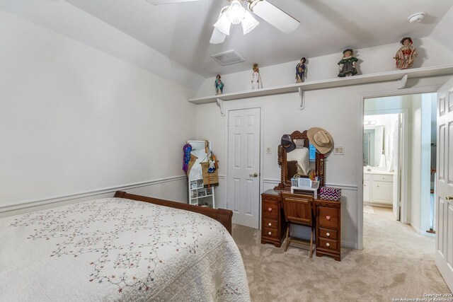 9347 Llano Verde, Helotes, TX 78023 - bedroom with light colored carpet, lofted ceiling, and ceiling fan