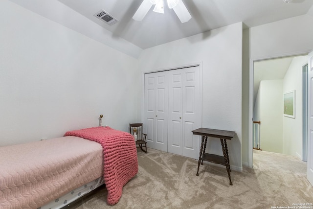 9347 Llano Verde, Helotes, TX 78023 - bedroom featuring carpet flooring, lofted ceiling, a closet, and ceiling fan