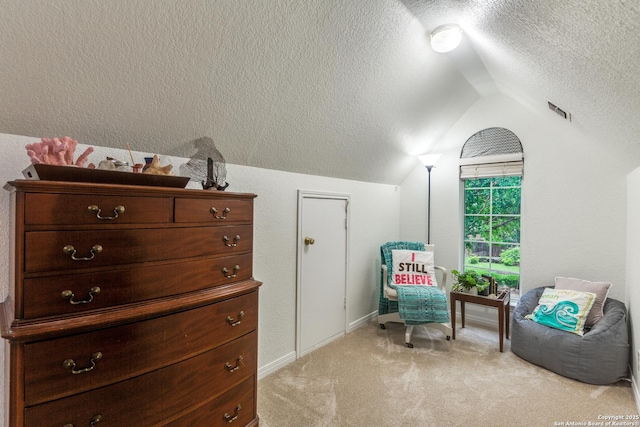 9347 Llano Verde, Helotes, TX 78023 - living area with vaulted ceiling, a textured ceiling, light colored carpet, and baseboards