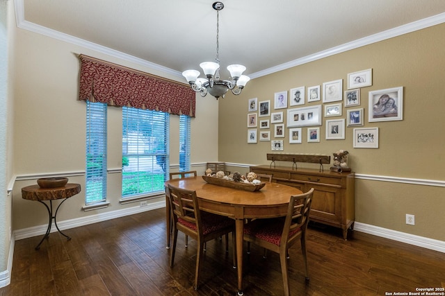 9347 Llano Verde, Helotes, TX 78023 - dining room with a chandelier, ornamental molding, dark wood finished floors, and baseboards